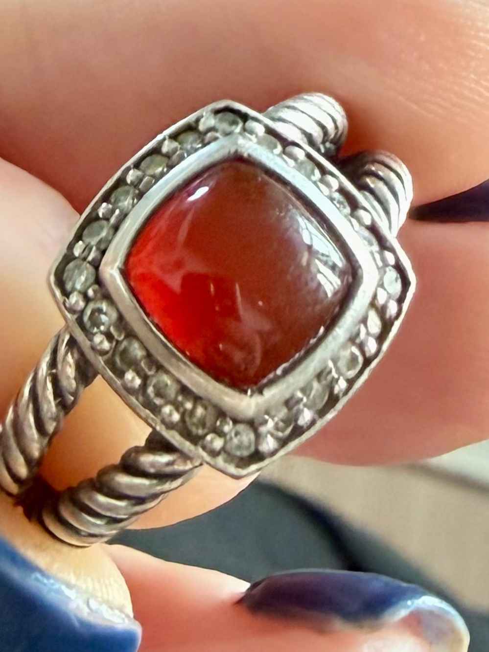 David Yurman Sterling Silver Red Gemstone Square Ring - Women's Fashion size 7